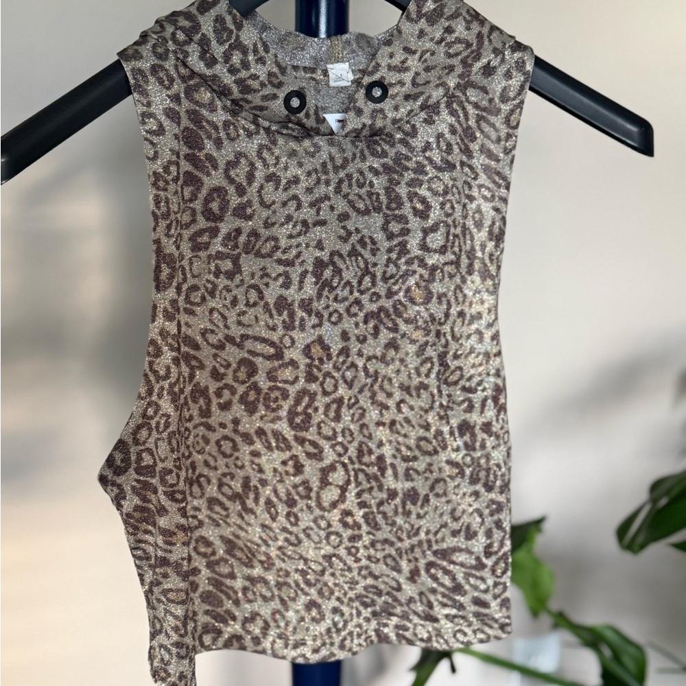 Zyia Leopard Print Shimmer Sleeveless Women's Hooded Top, Size XS